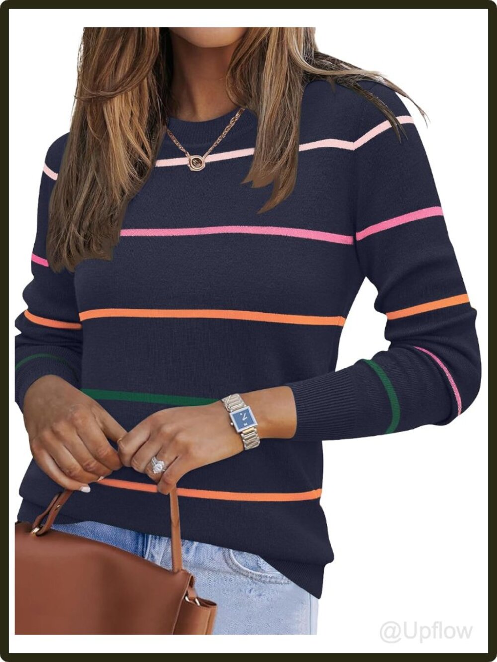 Women's Crew Neck Long Sleeve Knit Pullover Sweater Lightweight Ribbed Hem